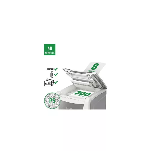 Iratmegsemmisítő, mikrokonfetti, 300 lap, LEITZ "IQ AutoFeed Office 300 P5 Pro"