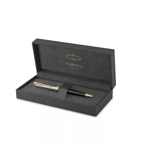 Golyóstoll, 1 mm, metál fekete tolltest, arany klip, PARKER "Royal Sonnet Premium", fekete