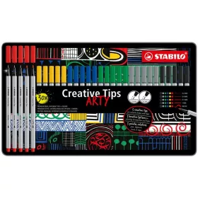   Tűfilc készlet, fém doboz, STABILO "Creative Tips ARTY", 6 különböző szín, 5 különböző vastagság