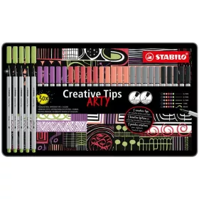   Tűfilc készlet, fém doboz, STABILO "Creative Tips ARTY", 6 különböző pasztell szín, 5 különböző vastagság