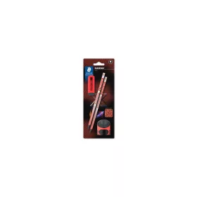   Grafitceruza készlet, hegyezővel, radírral, HB, STAEDTLER "Norix® 181", korall piros