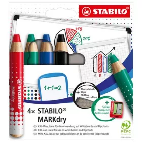   Táblaceruza készlet, fehértáblához, flipchartpapírhoz kúpos, STABILO "MARKdry", 4 féle szín törlővel és hegyezővel
