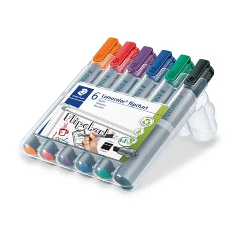 Flipchart marker készlet, 2 mm, kúpos, STAEDTLER "Lumocolor 356", 6 különböző szín