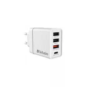   Hálózati töltő, 1xUSB-C PD (20W), USB-A QC 3.0, 2xUSB-A (10W), VERBATIM, fehér