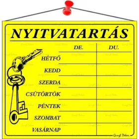   Információs tábla, 20x17,5 cm, "Nyitvatartás", sárga