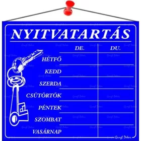   Információs tábla, 20x17,5 cm, "Nyitvatartás", kék
