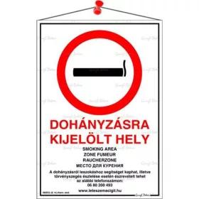   Információs tábla, 21x31 cm, többnyelvű, "Dohányzásra kijelölt hely"