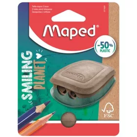   Hegyező, kétlyukú, tartályos, műanyag, FSC, MAPED Smiling Planet