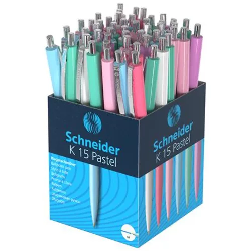 Golyóstoll, 0,5 mm, nyomógombos, vegyes pasztell tolltest, SCHNEIDER K15, kék - 50db