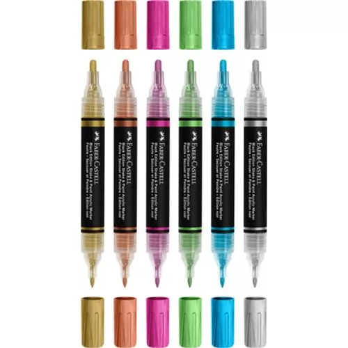 Dekormarker készlet, 1,0/3,0 mm, kétvégű, akril, FABER-CASTELL Shake&Paint, 6 különböző metál szín