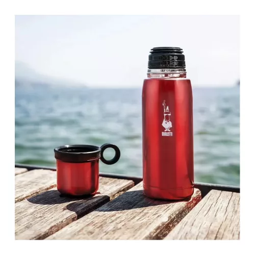 BIALETTI Hőtartó, rozsdamentes acél palack pohárral 460ml PIROS