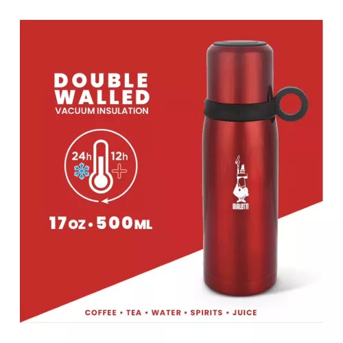 BIALETTI Hőtartó, rozsdamentes acél palack pohárral 460ml PIROS