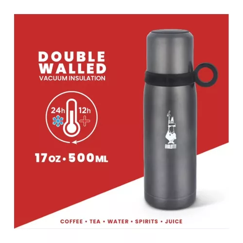 BIALETTI Hőtartó, rozsdamentes acél palack pohárral 460ml SZÜRKE