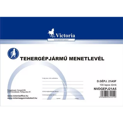 Nyomtatvány, menetlevél, tehergépjármű, 100 lap, A5, fekvő, VICTORIA PAPER, "D.GÉPJ.21." - 10 t