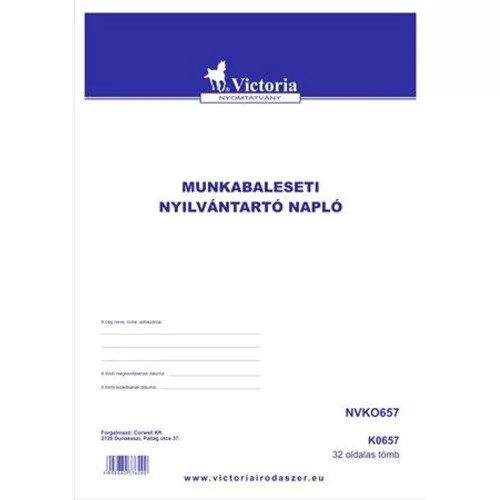 Nyomtatvány, munkabaleseti nyilvántartó napló, 32 oldal,  A4, VICTORIA PAPER, 10 tömb