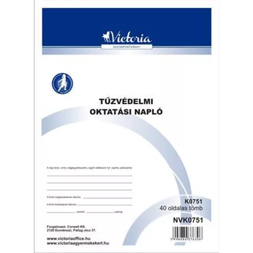 Nyomtatvány, tűzvédelmi oktatási napló, 40 oldal, A4, VICTORIA PAPER - 10 tömb