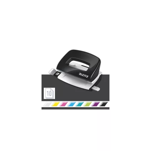 Lyukasztó, kétlyukú, 10 lap, fém, mini, LEITZ "Nexxt Wow", fekete