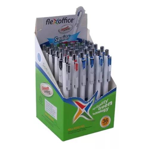 Golyóstoll, 0,4 mm, nyomógombos, vegyes színű tolltest, FLEXOFFICE "Senior", kék - 36db
