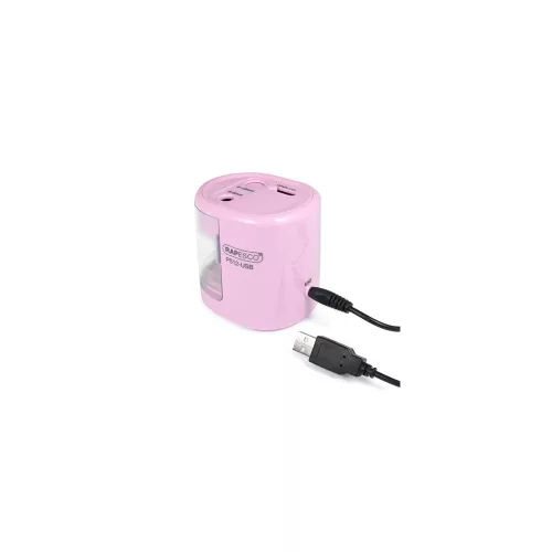 Hegyező, kétlyukú, asztali, elemes, USB töltővel, RAPESCO"PS12-USB", világos rózsaszín