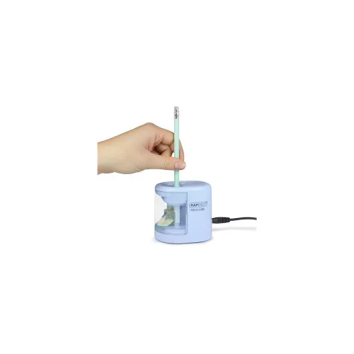 Hegyező, kétlyukú, asztali, elemes, USB töltővel, RAPESCO"PS12-USB", világoskék