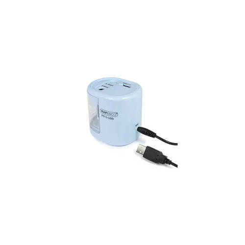 Hegyező, kétlyukú, asztali, elemes, USB töltővel, RAPESCO"PS12-USB", világoskék