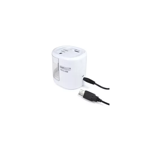 Hegyező, kétlyukú, asztali, elemes, USB töltővel, RAPESCO"PS12-USB", fehér
