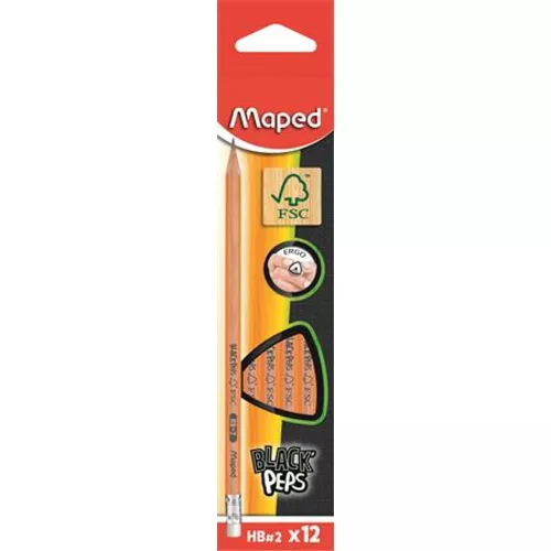 Grafitceruza radírral, HB, háromszögletű, MAPED "Black`Peps" - 12db