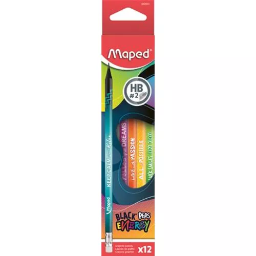 Grafitceruza radírral, HB, háromszögletű, MAPED "Black`Peps Energy", 6 különböző minta - 12db