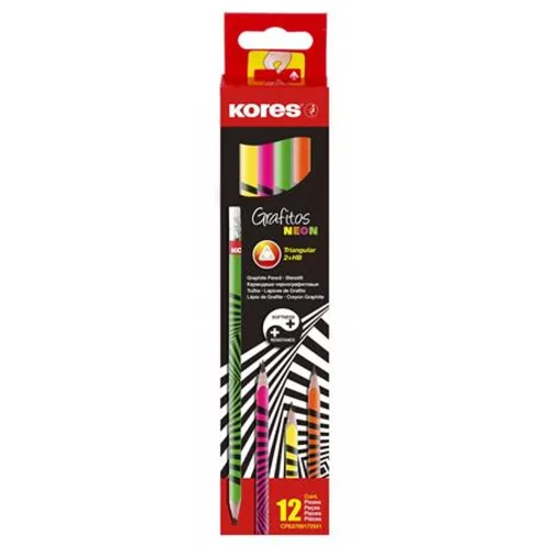Grafitceruza radírral, HB, háromszögletű, KORES "Neon" - 12db
