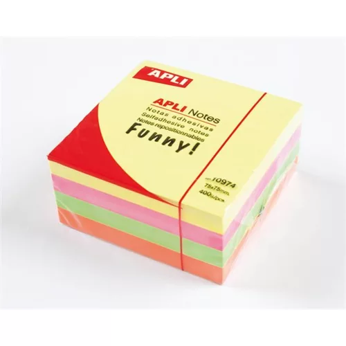 Öntapadó jegyzettömb, 75x75 mm, 400 lap, APLI "Funny", neon