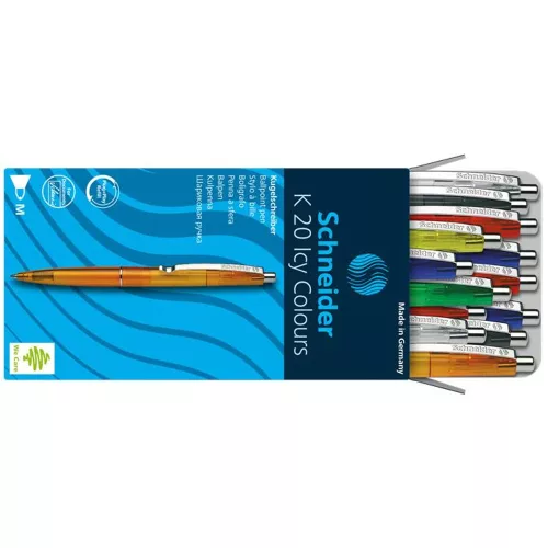 Golyóstoll, 0,5 mm, nyomógombos, vegyes színű test, SCHNEIDER "K20 Icy", kék - 20db