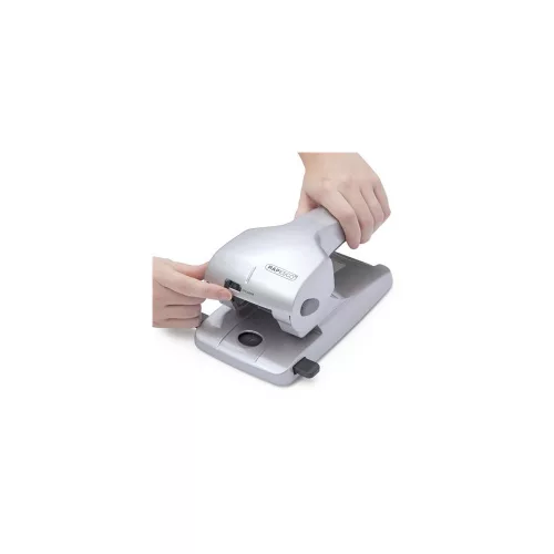 Lyukasztó, nagyteljesítményű, kétlyukú, 65 lap, fém, RAPESCO "Zero 65", ezüst