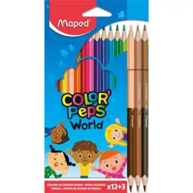 Színes ceruza készlet, háromszögletű, MAPED "Color'Peps World", 12 különböző szín + 3 kétvégű b