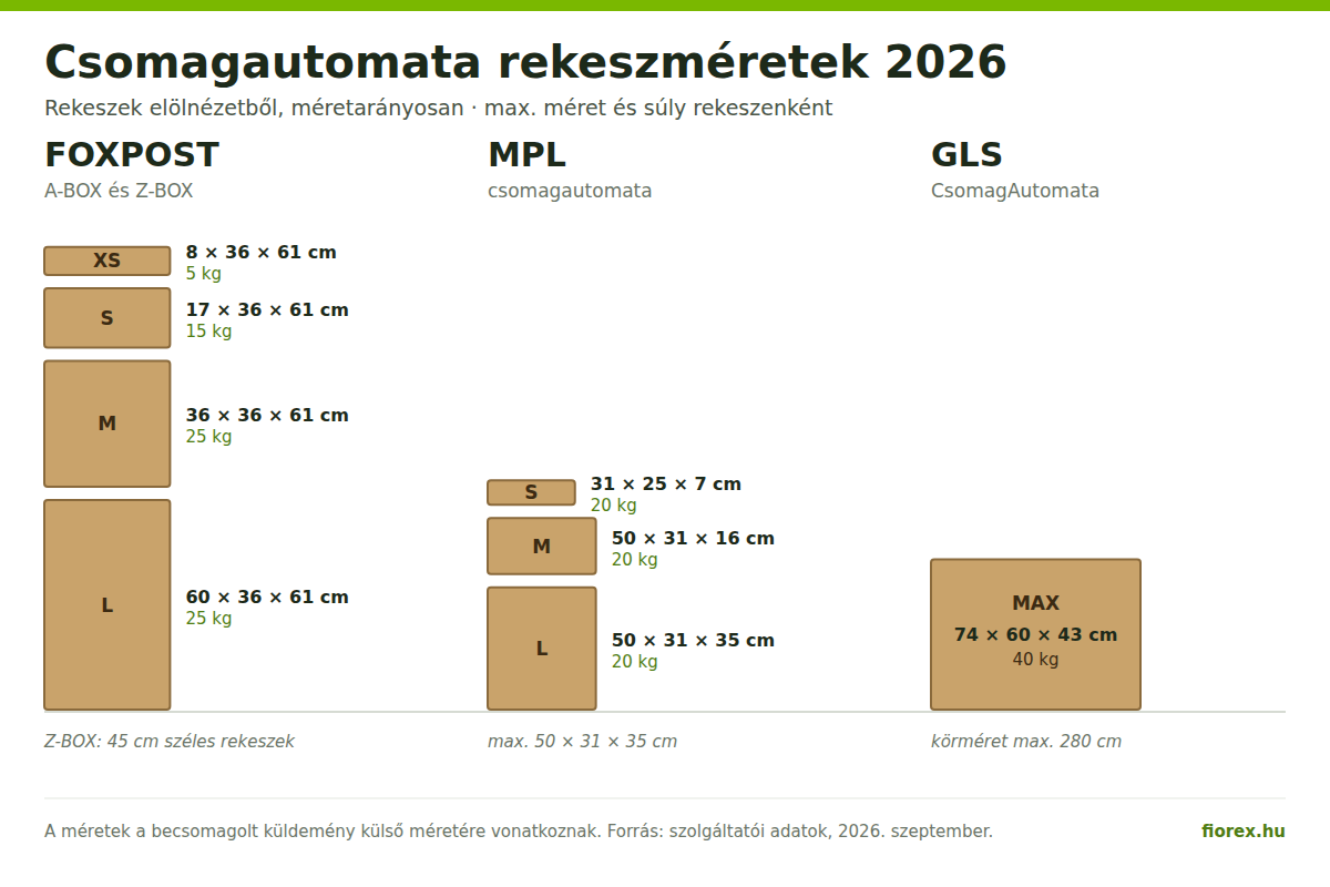 Csomagautomata rekeszméretek 2026: Foxpost, MPL és GLS rekeszek összehasonlítása